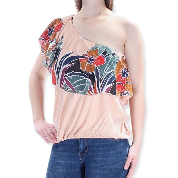 Free People NWT Peach Floral One-Shoulder Ruffle Linen-Blend Tank Top Size XS - Picture 1 of 7